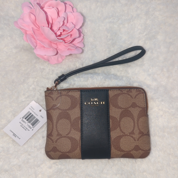 Coach Brown and Black Wristlet Signature CC Corner Zip NWT Card Holder Wallet - Picture 1 of 4